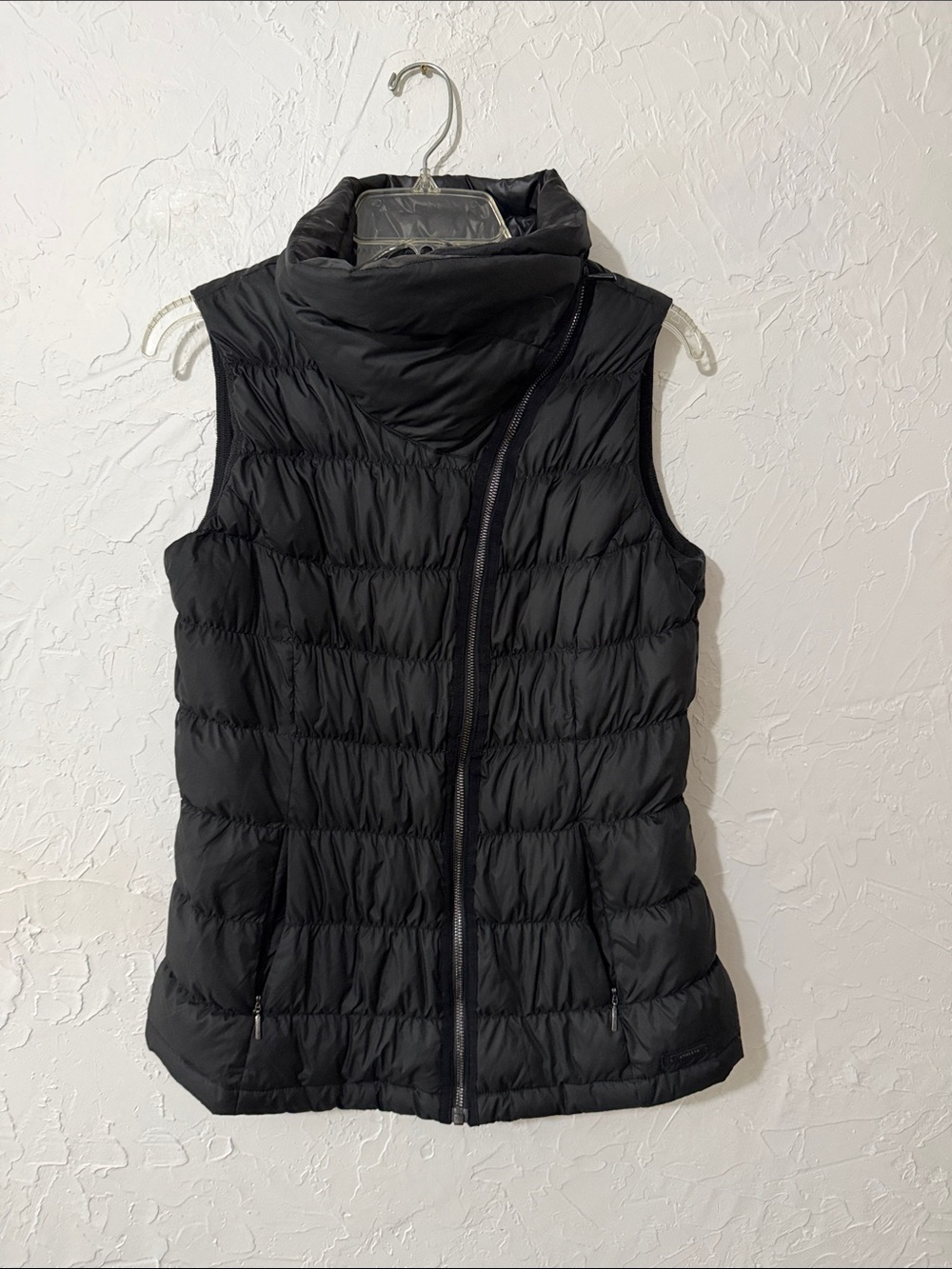 Athleta Black Quilted Puffer Vest with Asymmetrical Zip